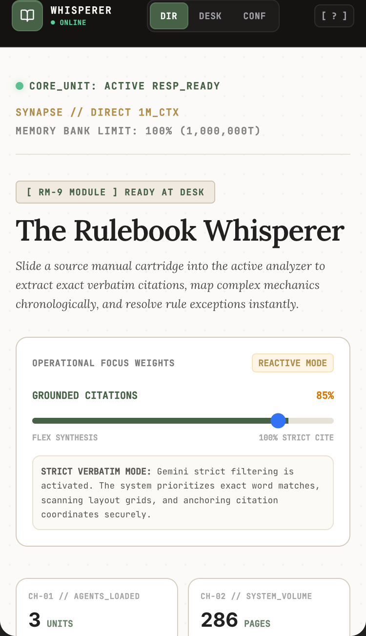 The Rulebook Whisperer mobile preview